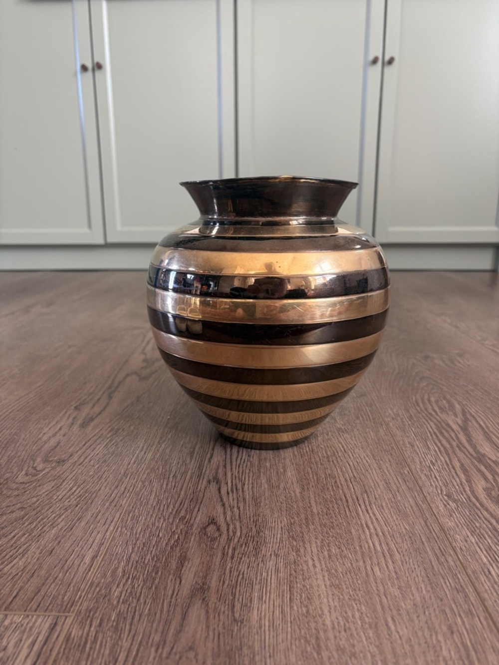 Vintage Brass Vase with Black & Gold Stripes Mid-Century